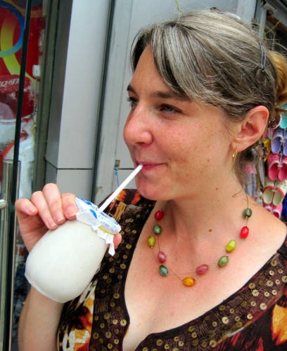 Gareth, demonstrating how to slurp Old Beijing Yogurt.