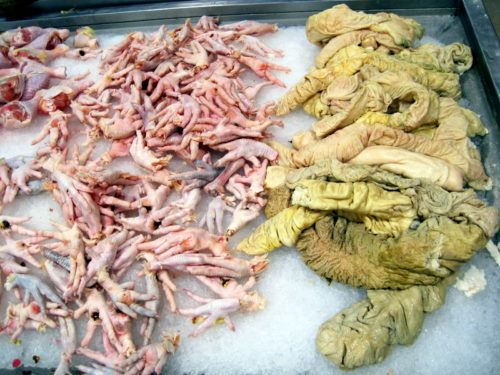 Raw chicken feet on ice, next to um... lung? Intestine? Raw chicken feet on ice, next to um... lung? Intestine?