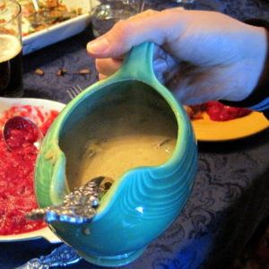 Gravy of soy milk, nutritional yeast, and mushrooms.