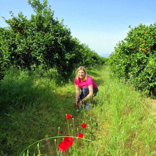 Flaming red flowers puckered kisses through the grass.