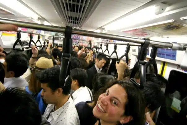 Me on the crowded subway in Tokyo.