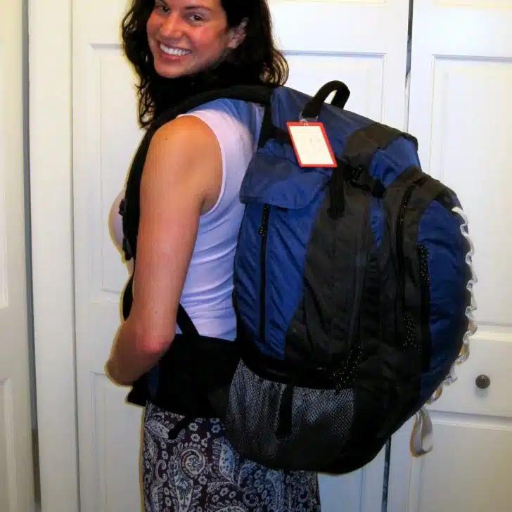 With the backpack that will take me around the world!