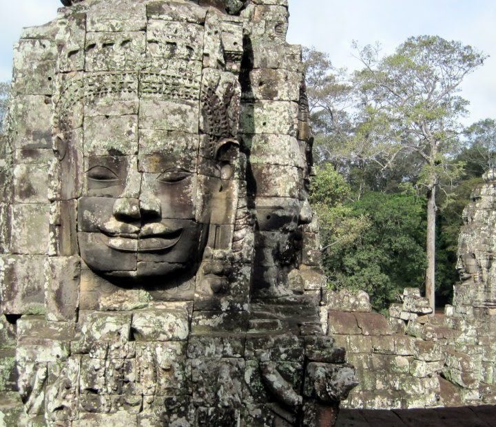 A carved face in Bayon Temple in Angkor Wat, Cambodia.