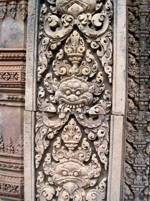 Delicate stone carvings at Angkor Wat.