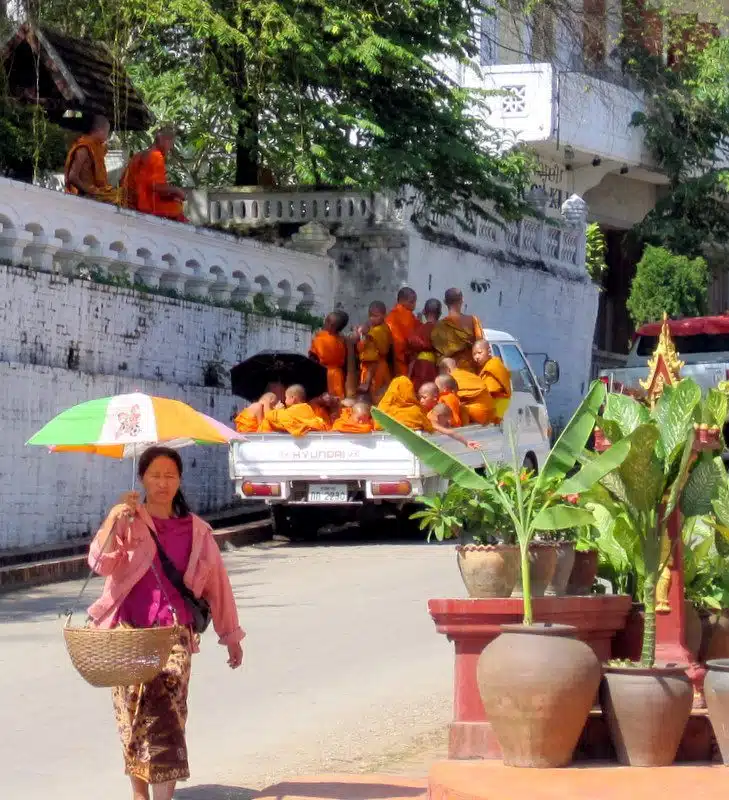 A truckload of monks in Laos.