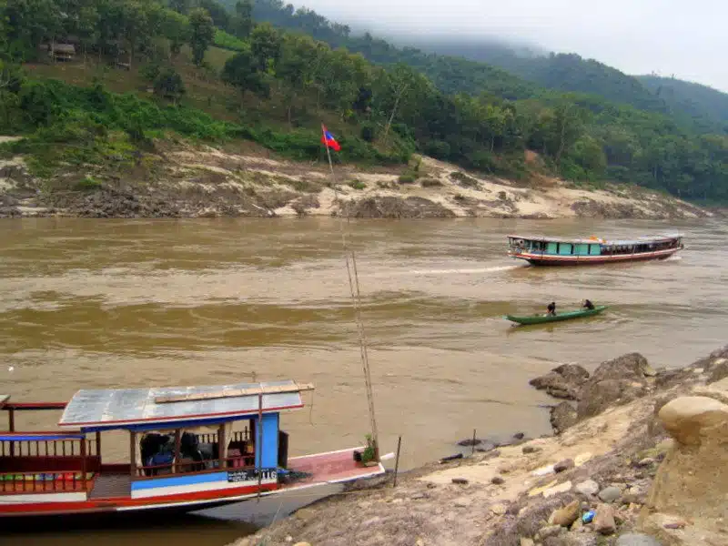 Boats on the Mekong River in Laos.