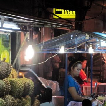 Durian sold on the street in Thailand.