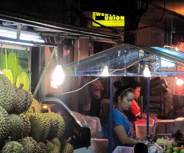 Durian sold on the street in Thailand.