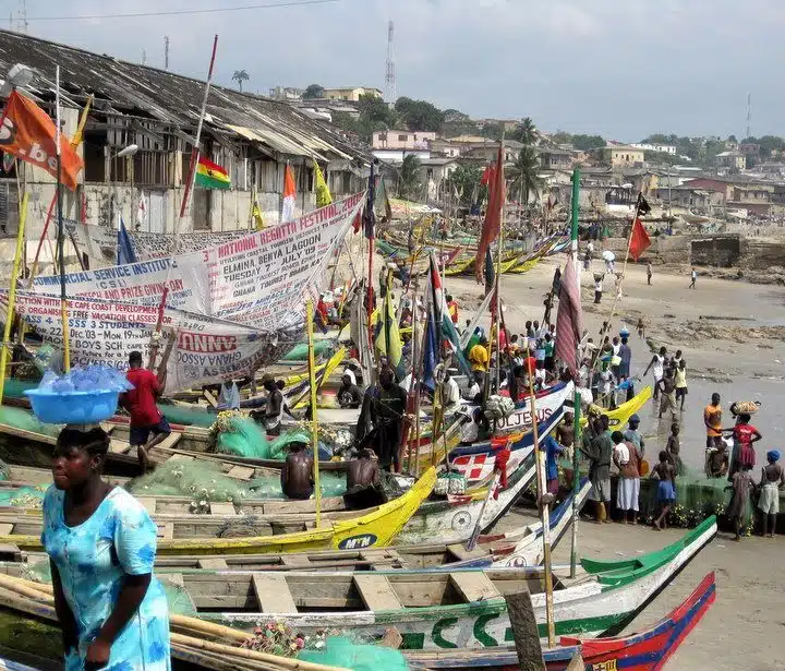 Boats outside Cape Coast Castle.