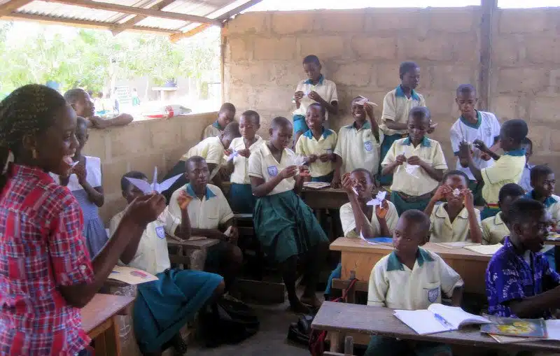 The class in Ghana with their paper cranes.