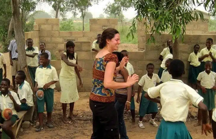 Dancing with students and teachers in Sogakope, Ghana.