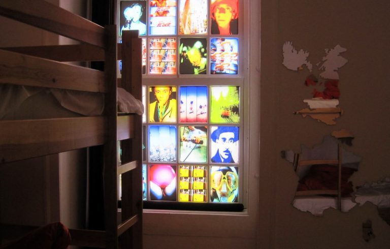 Windows in Living Lounge Hostel, Lisbon, Portugal.
