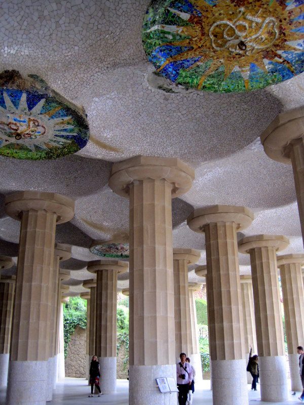 Columns and ceiling mosaics at Parque Guell.
