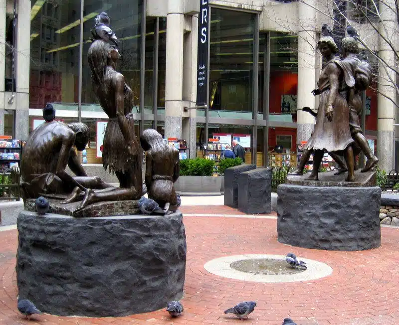 The Irish Famine Memorial, were we stood to start our Seminar. Pigeons have no respect for the famine, nor public art!