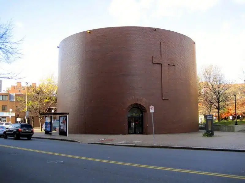 The mug-shaped church by Tufts Medical Station.