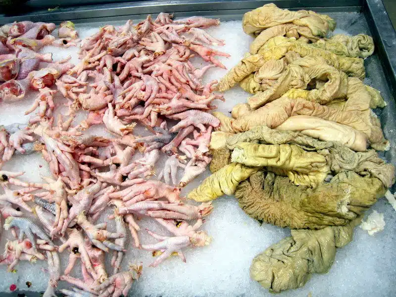 Raw chicken feet on ice, next to um... lung? Intestine?