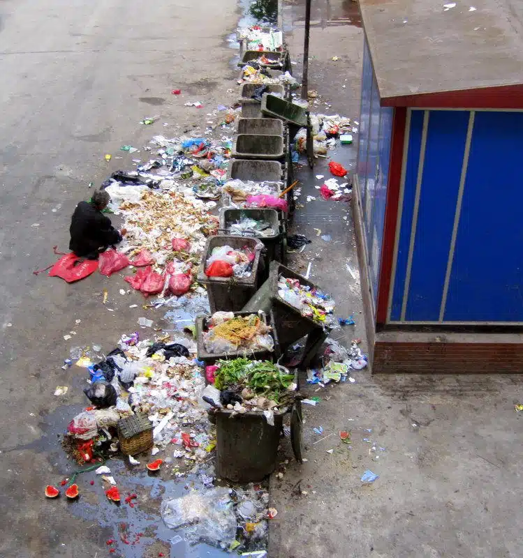 Trash bins below a fancy restaurant in Chongqing.