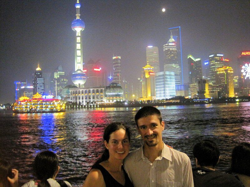 In front of the astoundingly futuristic Shanghai skyline.
