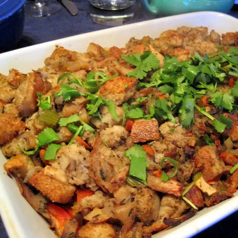 Tofu and stuffing casserole with veggies.