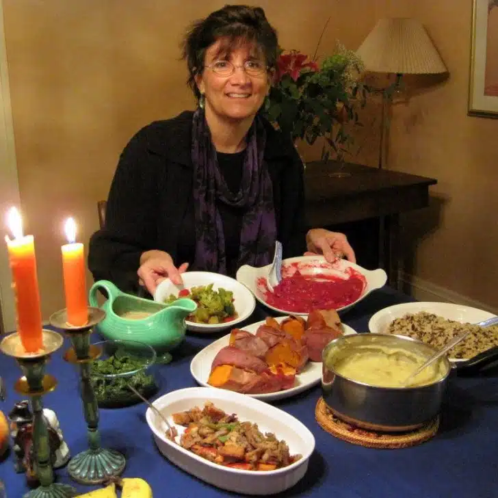 Diane displaying her delicious vegan Thanksgiving!