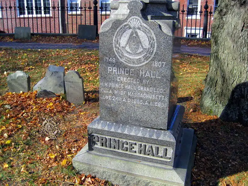 The grave of famous Prince Hall in Copp's Hill Burial Ground in Boston's North End. Note the Masonic symbol.