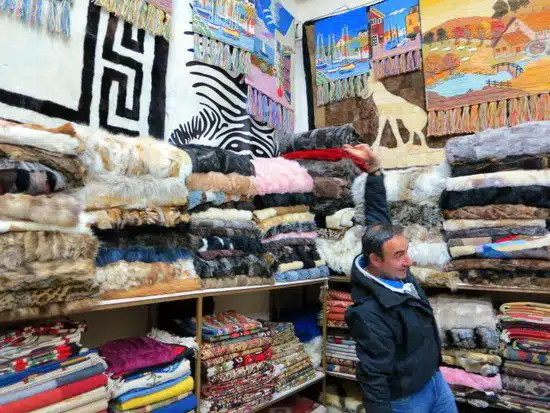 The eager store owner in Arachova, Greece, showing his furs.