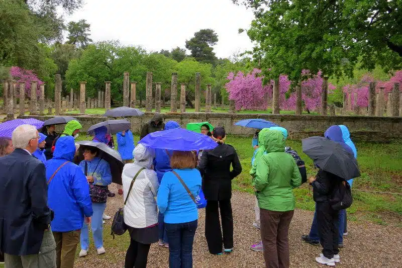 Our teacher tour group, huddled in the magic rain by Olympia's flowers.