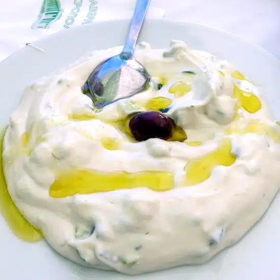 Tzatziki Sauce: Yogurt, cucumber, garlic, salt, and olive oil.