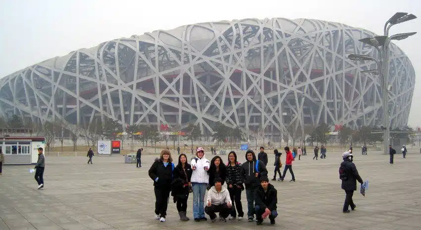 Daniel and travel buddies at the Bird's Nest Stadium in Beijing.
