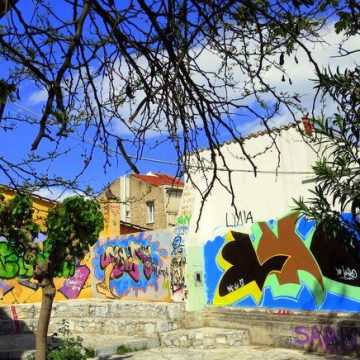 Graffiti slathers the walls of Greece, like on this Athens building.