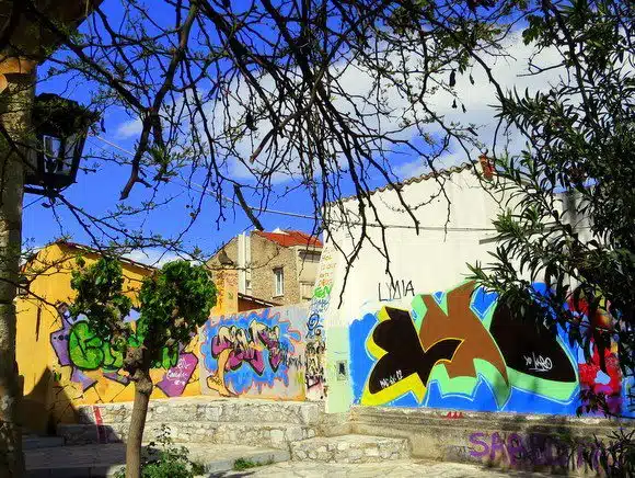 Graffiti slathers the walls of Greece, like on this Athens building.