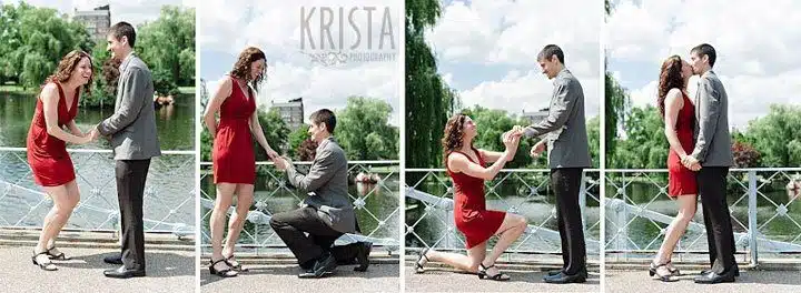 Reenacting our dramatic double wedding proposal in Boston's Public Garden for Krista Photography.
