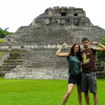 Xunantunich Mayan ruins in Western Belize, with Colin, me, and our giant muscles.