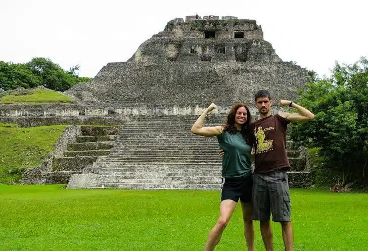 Xunantunich Mayan ruins in Western Belize, with Colin, me, and our giant muscles.