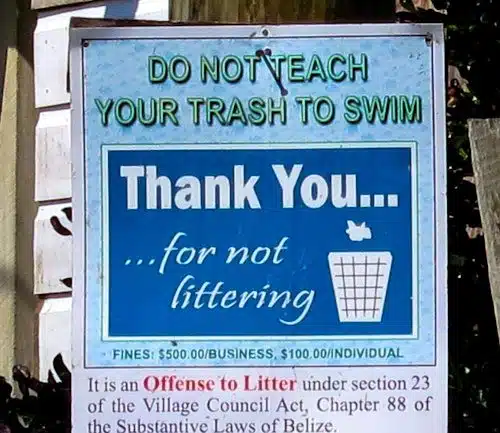 "Do Not Teach Your Trash to Swim." Belize cares about the Earth!