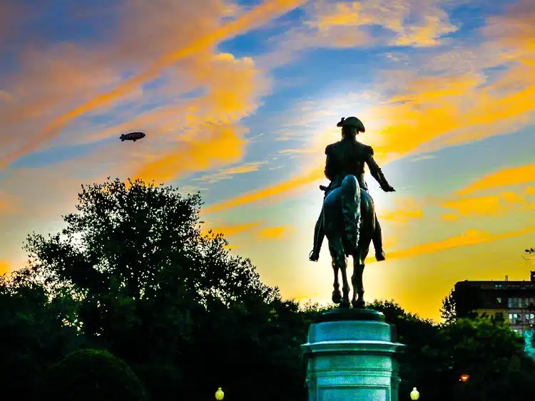 Boston Sunset: Pink sky by George Washington statue, Boston Public Garden