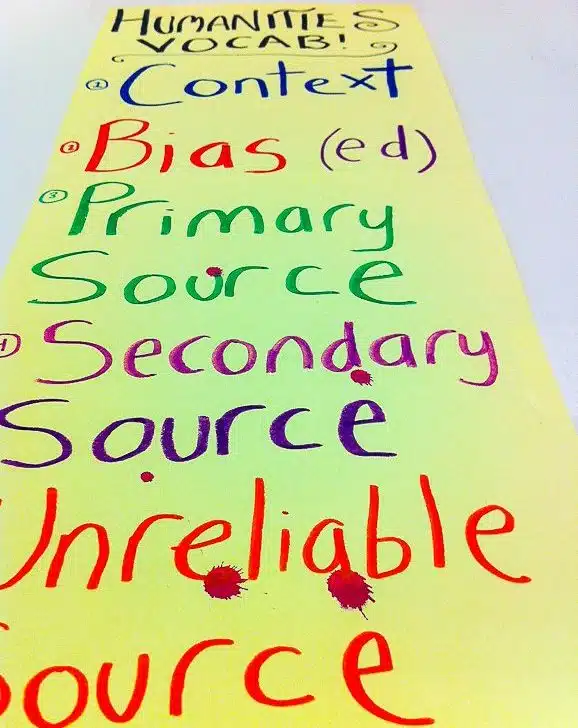Our vocabulary word wall, splattered with fake blood.
