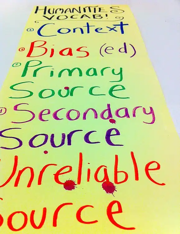 Our vocabulary word wall, splattered with red paint.
