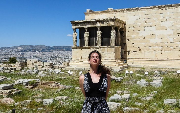 With the famous statues at the Acropolis, mimicking their serious expressions.