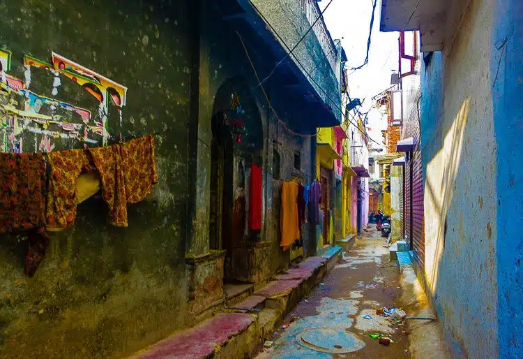 Pulsating colors of saris drying in the narrow streets of Paharganj, Central Delhi.
