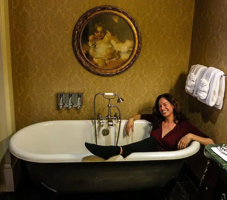 Luxuriating in the giant bathtub in our Hotel Viking room.