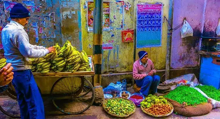 Vendors of luscious produce line the dusty streets of Old Delhi. 