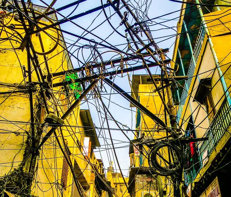 The snarled tangle of electrical wires in Old Delhi astounds.
