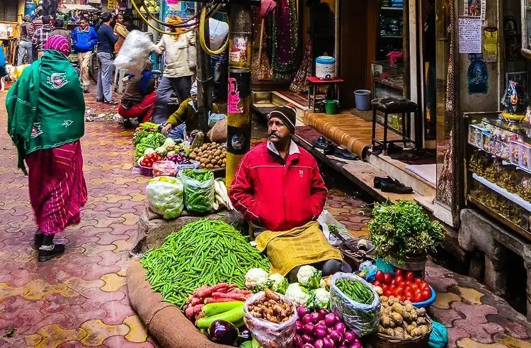 A produce vendor in Old Delhi taking in the sights...