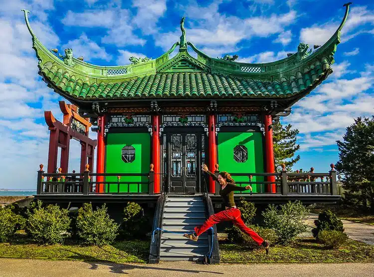 Jumping for joy at the Chinese Tea House of the Marble House Mansion in Newport. 