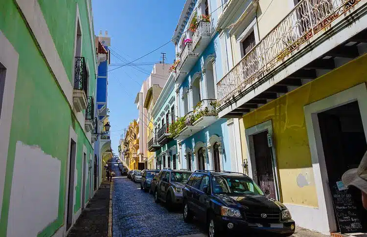Old San Juan street: See the blue cobblestones and the upward swoop of the street?