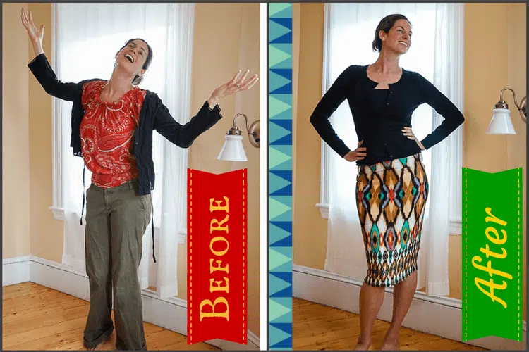 BEFORE: Baggy, worn out clothes that didn't match. AFTER: Flattering fit and color combos.