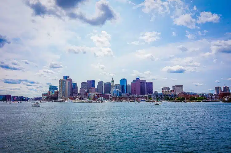 Boston from the harbor, looking dramatic. 