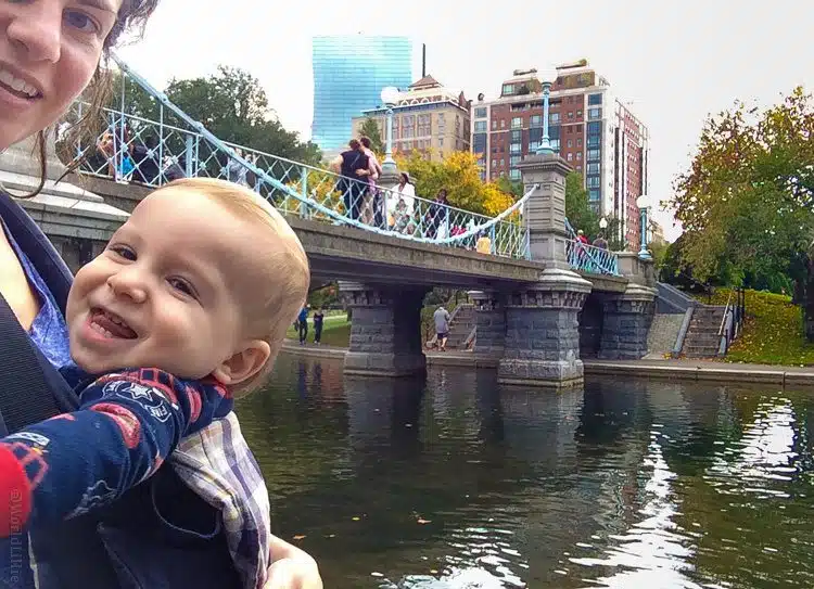 Giggling at the smallest suspension bridge in the world (where Colin proposed to me!) in the Boston Public Garden.