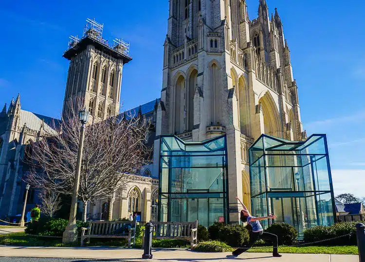 Cathedral yoga, with glass elevators in front.